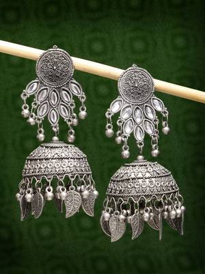 Women silver-plated  dome shaped jhumka oxidised artificial stones earrings 2
