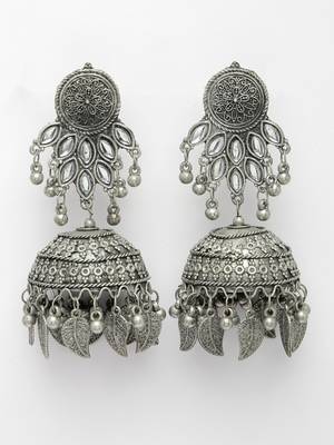 Women silver-plated  dome shaped jhumka oxidised artificial stones earrings 3