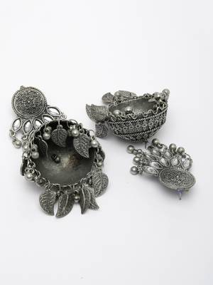 Women silver-plated  dome shaped jhumka oxidised artificial stones earrings 4
