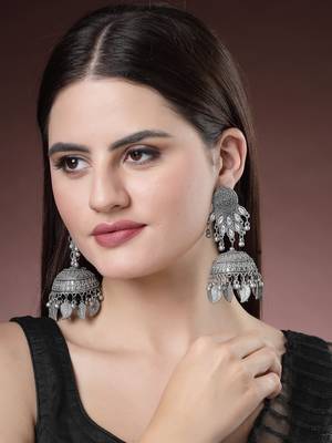 Women silver-plated  dome shaped jhumka oxidised artificial stones earrings 5