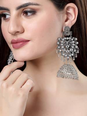 Women silver-plated oxidised artificial stones dome shaped jhumka earrings 1