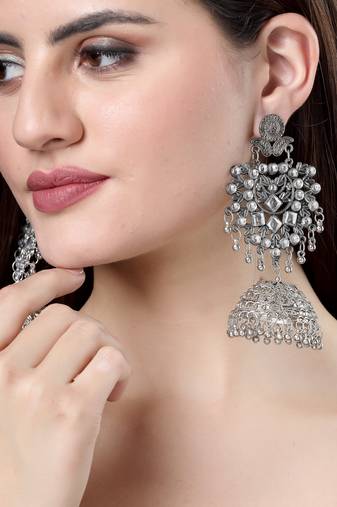 Women silver-plated oxidised artificial stones dome shaped jhumka earrings