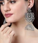 Women silver-plated oxidised artificial stones dome shaped jhumka earrings