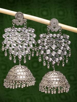 Women silver-plated oxidised artificial stones dome shaped jhumka earrings 2