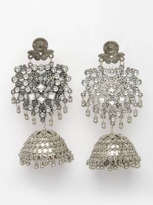 Women silver-plated oxidised artificial stones dome shaped jhumka earrings 3