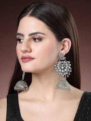 Women silver-plated oxidised artificial stones dome shaped jhumka earrings 5