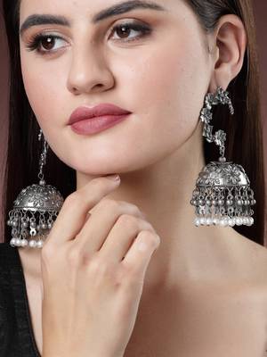 Women silver plated pearl beaded oxidised contemporary jhumka earrings 1
