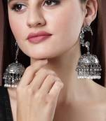 Women silver plated pearl beaded oxidised contemporary jhumka earrings