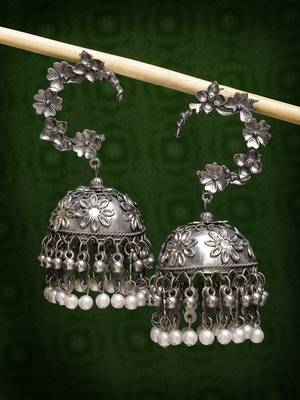 Women silver plated pearl beaded oxidised contemporary jhumka earrings 2