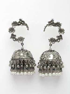 Women silver plated pearl beaded oxidised contemporary jhumka earrings 3