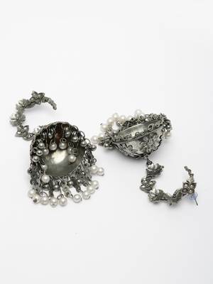 Women silver plated pearl beaded oxidised contemporary jhumka earrings 4