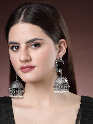 Women silver plated pearl beaded oxidised contemporary jhumka earrings 5