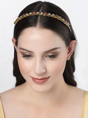 Women multi colour kundan gold-plated embellished hairband 3