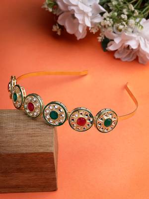 Women multi colour kundan gold-plated embellished hairband 2