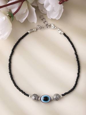 Women set of 2 brass-plated stone-studded & evil eye beaded anklet 2