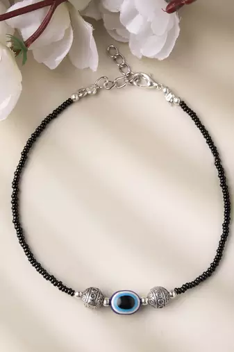 Women set of 2 brass-plated stone-studded & evil eye beaded anklet