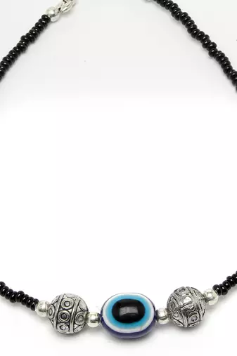 Women set of 2 brass-plated stone-studded & evil eye beaded anklet