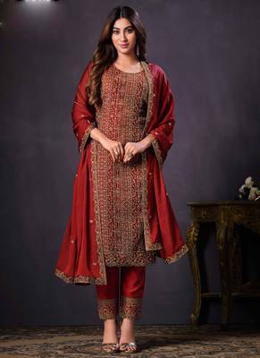 Red heavy rangoli silk embroidered designer salwar suit 1