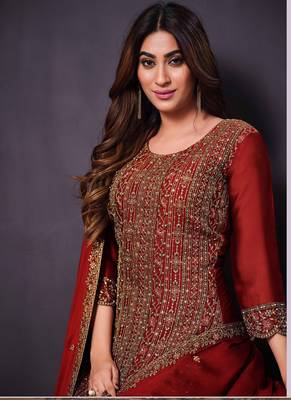 Red heavy rangoli silk embroidered designer salwar suit 2