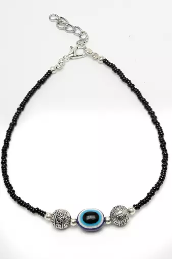 Women set of 2 brass-plated stone-studded & evil eye beaded anklet