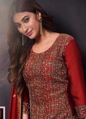 Red heavy rangoli silk embroidered designer salwar suit 3