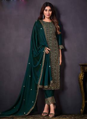 Teal heavy rangoli silk embroidered designer salwar suit 1