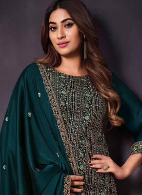 Teal heavy rangoli silk embroidered designer salwar suit 2