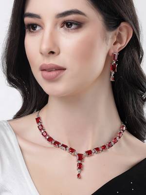 Women silver plated & maroon cz stone handcrafted jewellery set 1