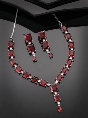 Women silver plated & maroon cz stone handcrafted jewellery set 2