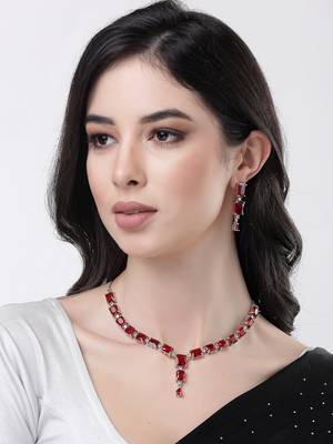 Women silver plated & maroon cz stone handcrafted jewellery set 5