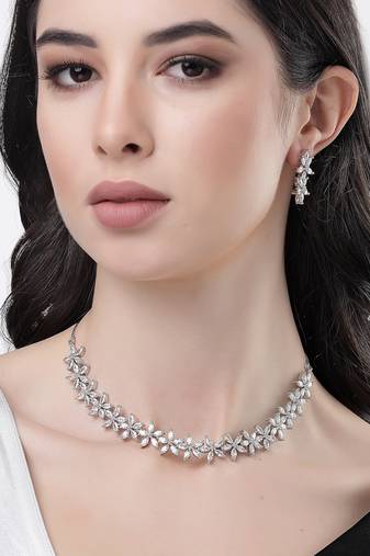 Women silver plated cz stone handcrafted jewellery set