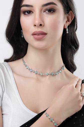 Women silver plated & blue cz stone handcrafted jewellery set