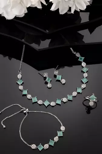 Women silver plated & blue cz stone handcrafted jewellery set
