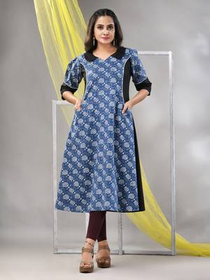 Sapphire blue cotton printed a-line kurta 1