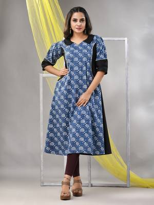 Sapphire blue cotton printed a-line kurta 2
