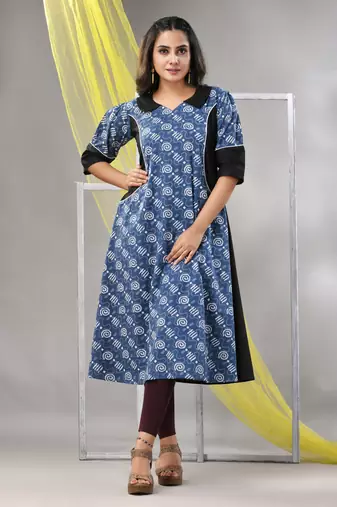 Sapphire blue cotton printed a-line kurta