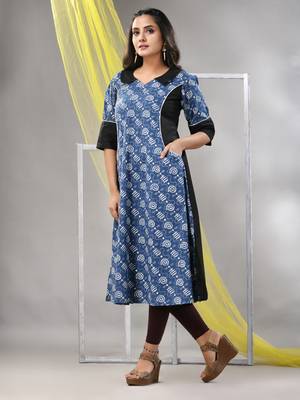 Sapphire blue cotton printed a-line kurta 3