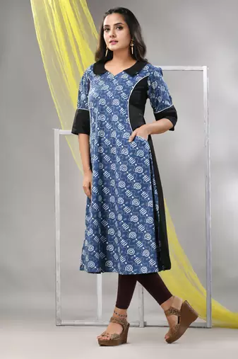 Sapphire blue cotton printed a-line kurta