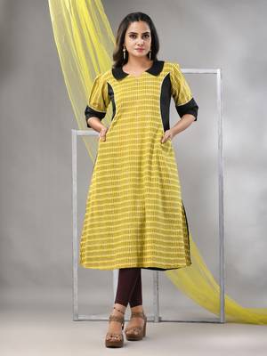 Lemon yellow cotton printed a-line kurta 1