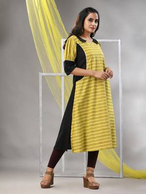 Lemon yellow cotton printed a-line kurta 3