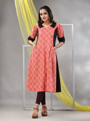 Orange cotton printed a-line kurta 1