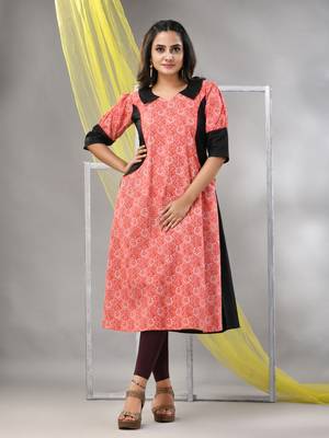 Orange cotton printed a-line kurta 2