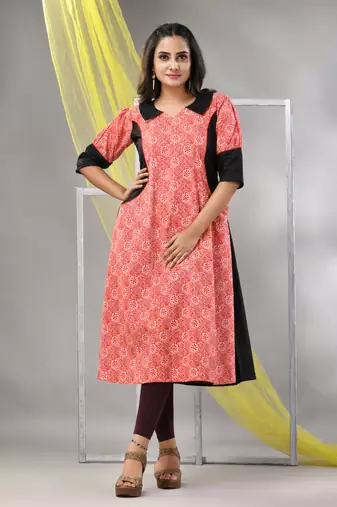 Orange cotton printed a-line kurta