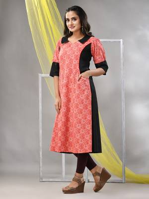Orange cotton printed a-line kurta 3