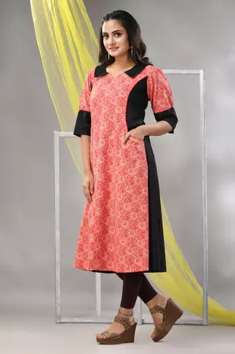 Orange cotton printed a-line kurta