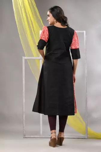Orange cotton printed a-line kurta