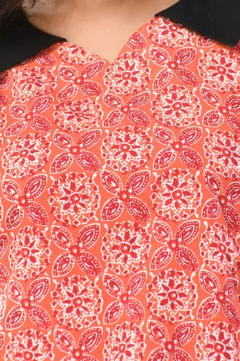 Orange cotton printed a-line kurta