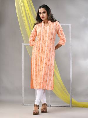 Orange rayon printed straight kurta 1