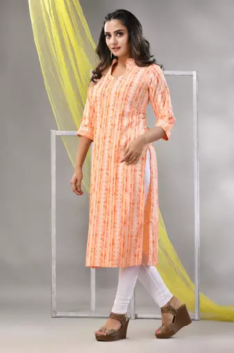Orange rayon printed straight kurta