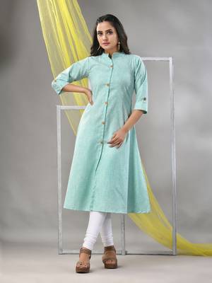 Mint green solid cotton a-line kurta 1